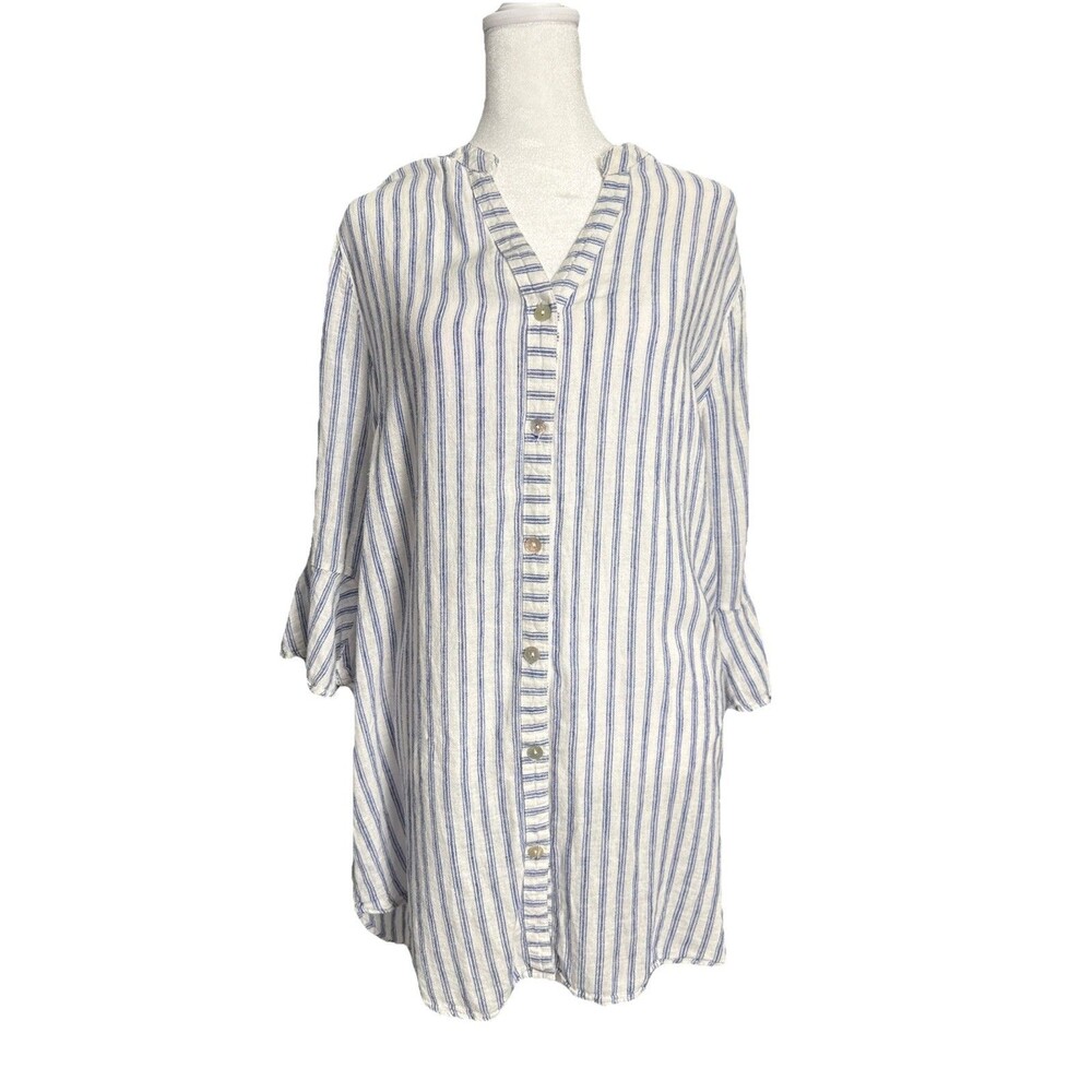 Blue Island Blue Striped Linen Button-Down Tunic Cover-Up XL Lightweight Coastal